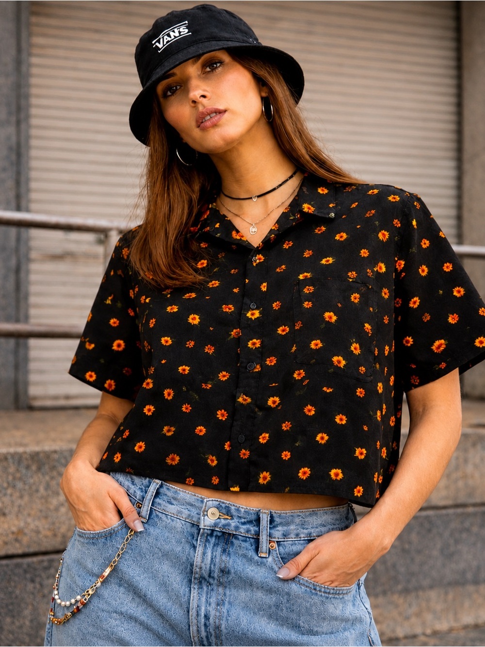 Vans Cropped Floral Button Down Shirt Medium Black Orange Y2K Skate Streetwear